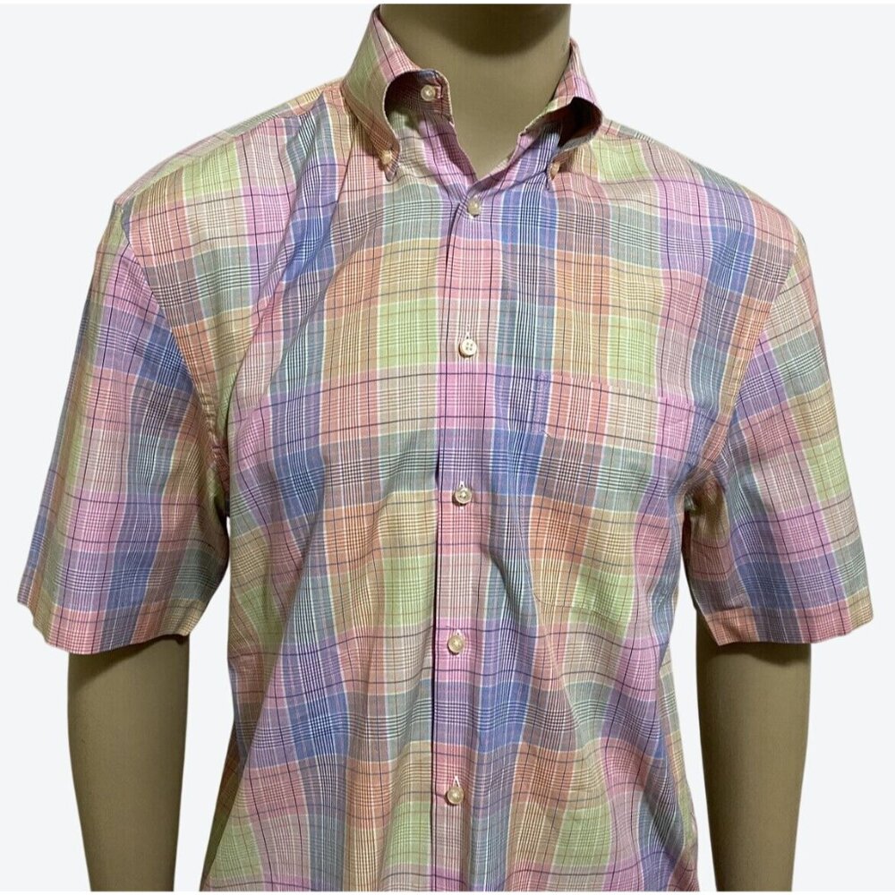 Peter Millar Men's Medium Short Sleeve Button Front Plaid Shirt Pink Yellow Blue - Picture 2 of 11